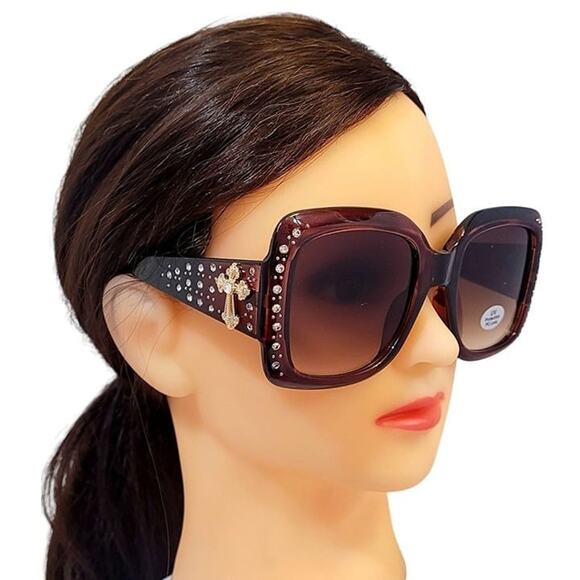 NEW Womens Sunglasses BLING Brown SQUARE Gold CROSS Rhinestones Brown Gold - Picture 1 of 5